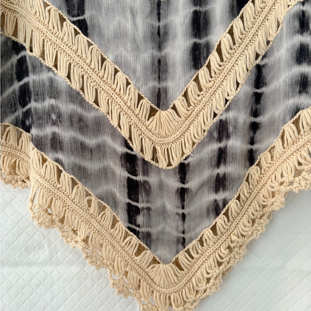 Crochet-Trim Tie-Dye V-Neck Blouse - Cream & Gray - Picture 9 of 9